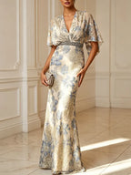 Champagne Classic V Neck Half Sleeve Mermaid Floor-length Gown Dress