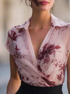 Floral Print Draped Wrap Collar Short Sleeve Blouse