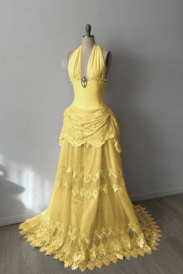 Lace And Tulle Halter Neck Strapless Sleeveless Long Mermaid Prom Dress With Pleated WQ0665