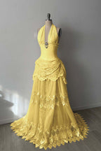Lace And Tulle Halter Neck Strapless Sleeveless Long Mermaid Prom Dress With Pleated WQ0665