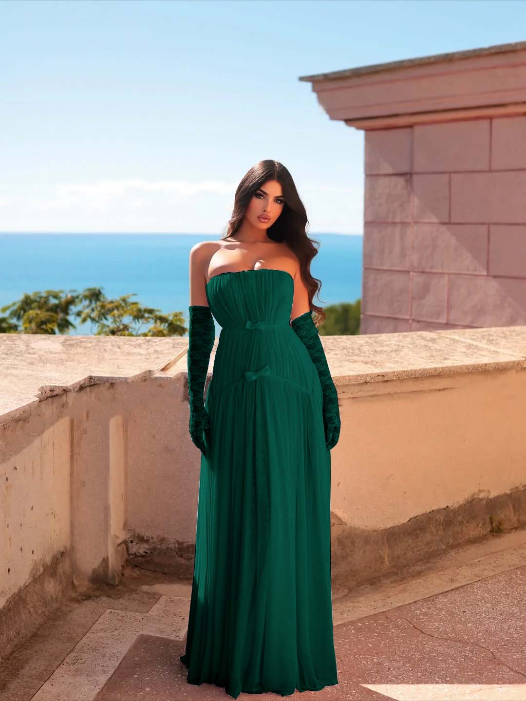 Chiffon Strapless Sleeveless Long Pleated A-Line Prom Dress With Bows And Gloves YK0680