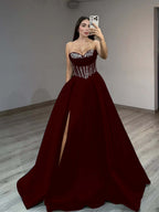 Satin Sweetheart Sleeveless Long Pleated A-Line Prom Dress With Rhinstone And Split YK0584