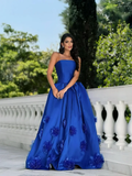 Satin Strapless Sleeveless Long A-Line Prom Dress With Flower Appliques And Pleated YK0617
