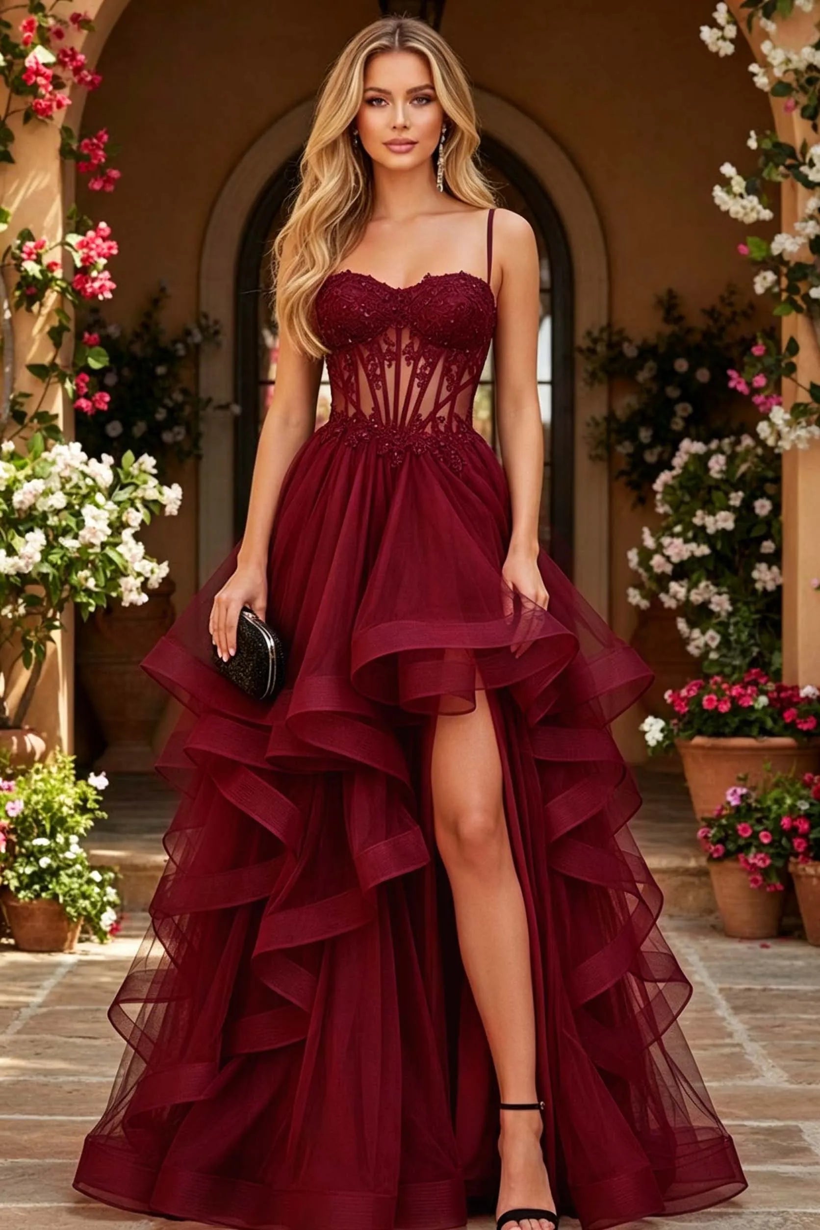 Cocoslly Spaghetti Straps Sleeveless High Waist Long Prom Dress With Beading Pearls And Split | Black Tulle LR0136