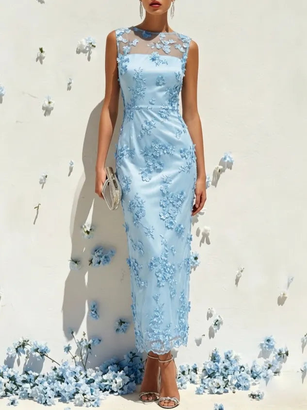 Pink Lace Embroidery Applique Crew Neck Sleeveless Sheath Maxi Dress