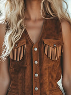 銆�24-hour shipping out銆慥intage Western Tassel Brown Suede Vest Shorts Jumpsuit