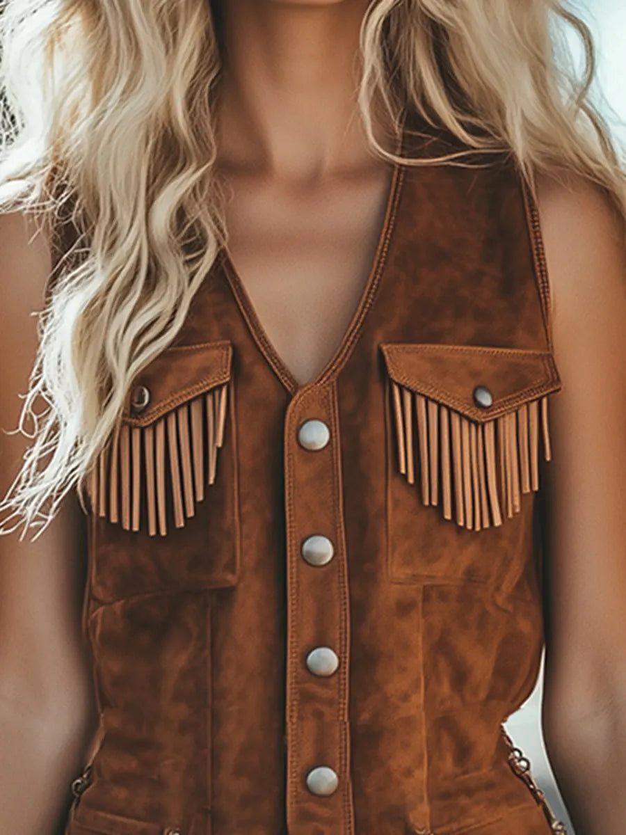 銆�24-hour shipping out銆慥intage Western Tassel Brown Suede Vest Shorts Jumpsuit