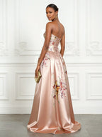 Pink Floral Satin Strapless Sleeveless A-Line Gown Dress