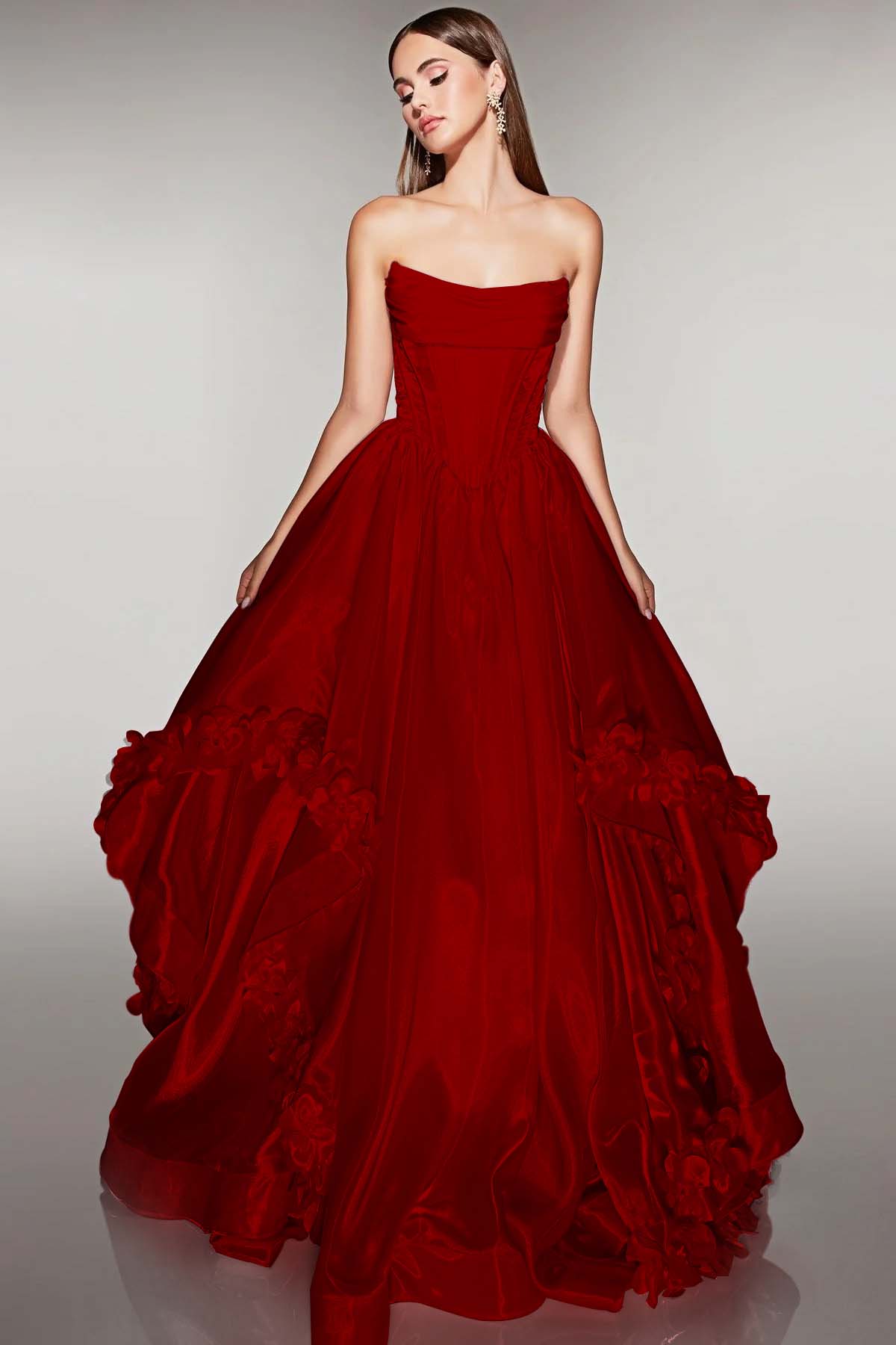 Cocoslly Strapless Sleeveless High Waist Long A Line Prom Dress With Flowers | Pink Satin