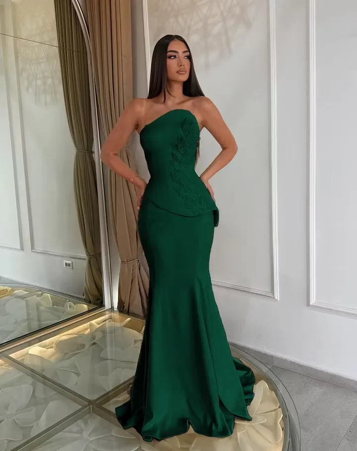 Cocoslly Strapless Sleeveless High Waist Long Mermaid Prom Dress With Appliques | Daffodil Satin LX0089