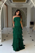 Cocoslly Strapless Sleeveless High Waist Long Prom Dress With Ruffles | Nude Champage Chiffon YC0565