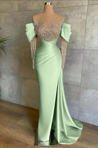 Cocoslly Off-The-Shoulder Long Lace Sleeves Long Split Mermaid Prom Dress With Beaded Applique Embroidery | Pink Satin ED0148