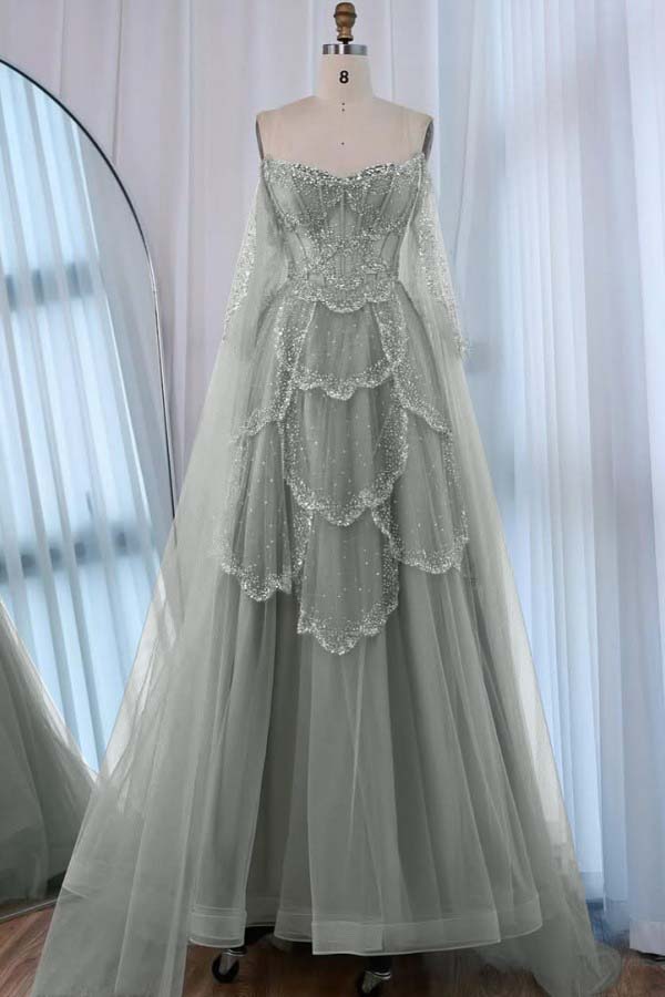 Tulle Strapless Sleeveless High Waist Long A-Line Prom Dress With Beadings And Ruffles WQ0557