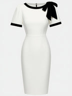 White Bow Short Sleeve Sheath Midi Dress