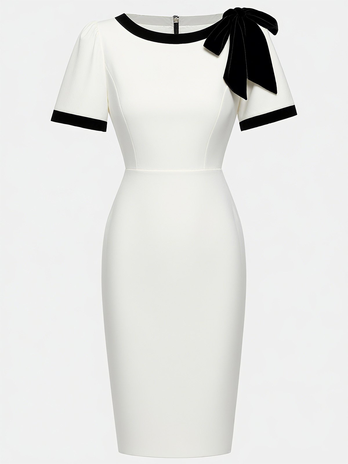 White Bow Short Sleeve Sheath Midi Dress