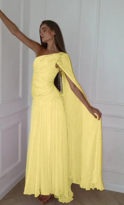 Cocoslly One Shoulder Sleeveless High Waist Long Prom Dress With Sequins | Pink Chiffon JZ0098