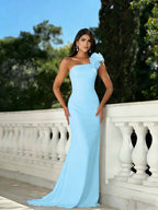 Satin One Shoulder Strapless Sleeveless Long Mermaid Prom Dress With Beadings And Flower YK0640