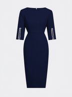 Navy Blue Faux Pearl Classic Crew Neck Half Sleeve Sheath Midi Dress