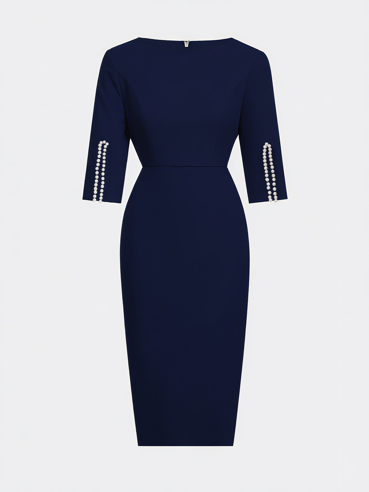 Navy Blue Faux Pearl Classic Crew Neck Half Sleeve Sheath Midi Dress