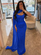 Cocoslly Strapless Sleeveless High Waist Long Prom Dress With Shawl And Rhinstone | Dusty Sage Satin YK1255
