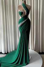 Cocoslly One Shoulder Sleeveless High Waist Long Mermaid Prom Dress With Pearls | Dusty Blue Satin JZ0162