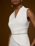 White V Neck Sleeveless Rhinestone Slit A-Line Midi Dress