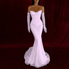Cocoslly Strapless Sleeveless High Waist Long Mermaid Prom Dress With Rhinstone And Gloves | Smoky Silver Sequins WQ0579