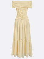 Yellow 3D Floral Chiffon Off The Shoulder Short Sleeve A-Line Maxi Dress