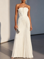 White Pleated Satin Strapless Sleeveless A-Line Maxi Dress