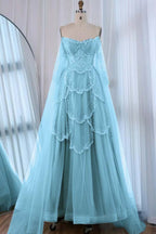 Tulle Strapless Sleeveless High Waist Long A-Line Prom Dress With Beadings And Ruffles WQ0557