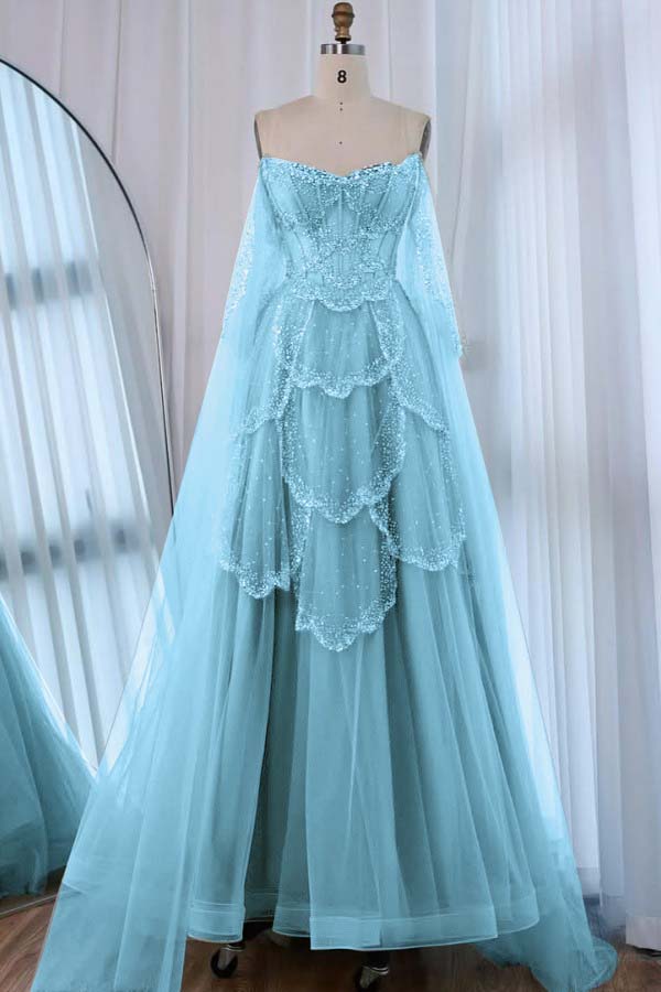 Tulle Strapless Sleeveless High Waist Long A-Line Prom Dress With Beadings And Ruffles WQ0557