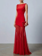 Red Mesh Classic Boat Neck Sleeveless Mermaid Floor-length Gown Dress