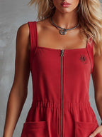 Retro Fashiona Sporty Square Neck Front Zipper Raspberry Red Cotton Jumpsuit
