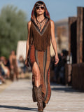 銆�24-hour shipping out銆慦estern Retro Colorful Striped Knitted Tassel Hooded Slit Maxi Dress
