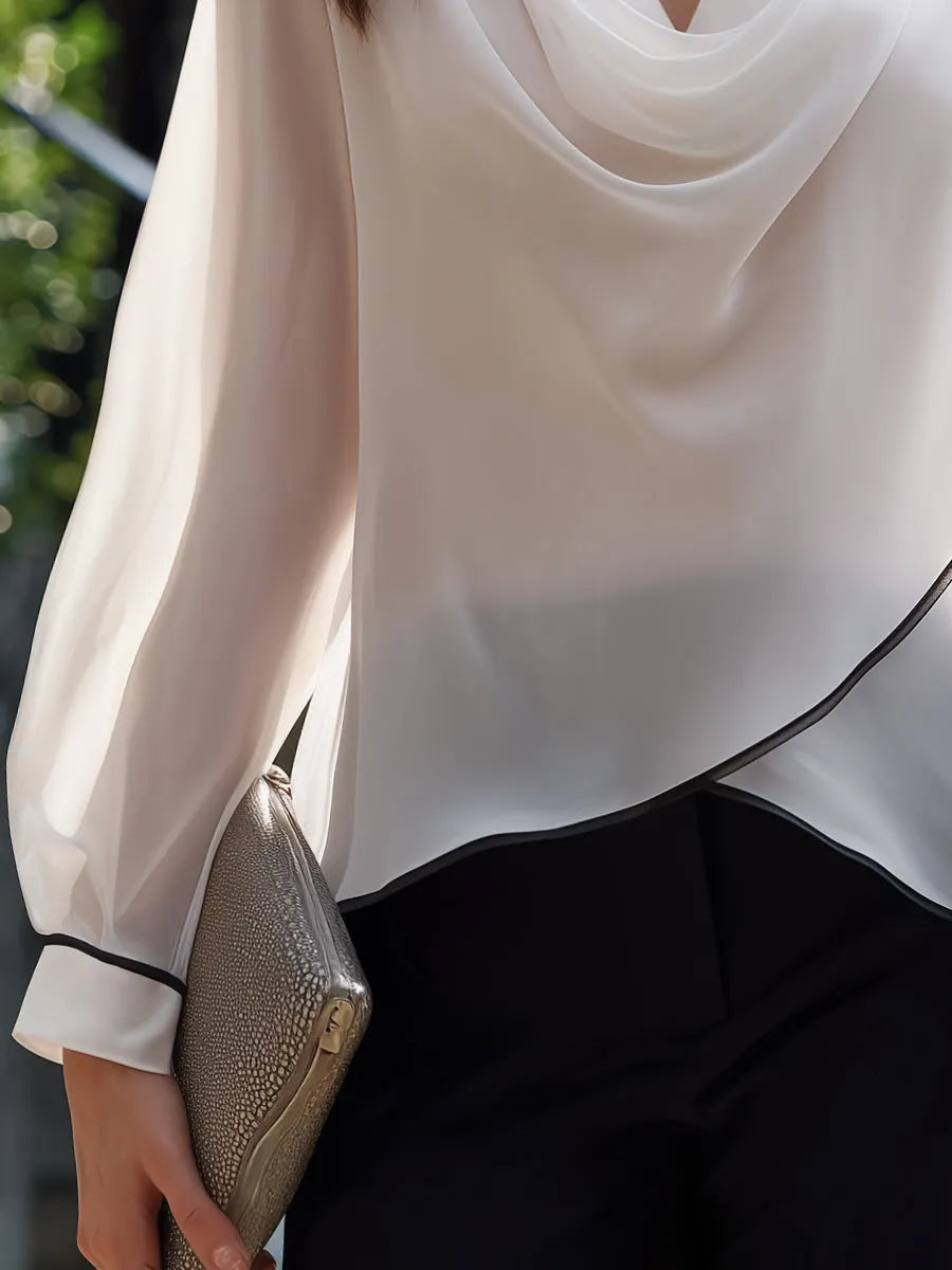 Draped Cowl Neck Piping Trim Sheer Sleeve Blouse