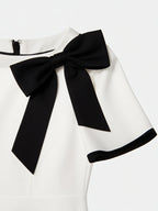 White Bow Short Sleeve Sheath Midi Dress