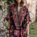 Women's Bohemian-style Floral With Nepal Art V-neck Shirt