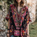 Women's Bohemian-style Floral With Nepal Art V-neck Shirt