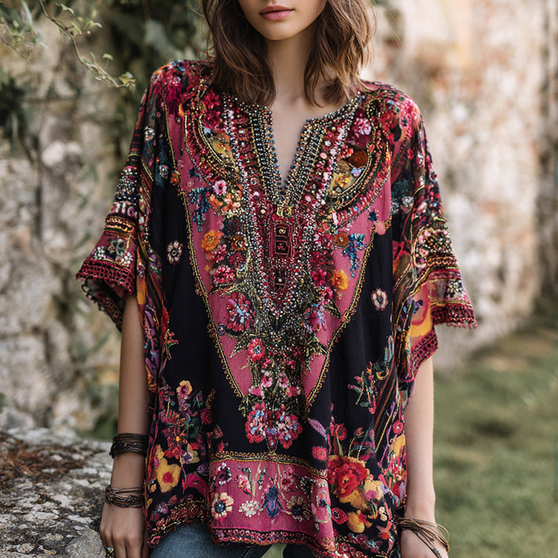 Women's Bohemian-style Floral With Nepal Art V-neck Shirt