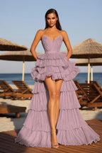 Cocoslly Strapless Sleeveless High Waist Long A Line Prom Dress With Ruffles | Champage Glod Satin YC0487