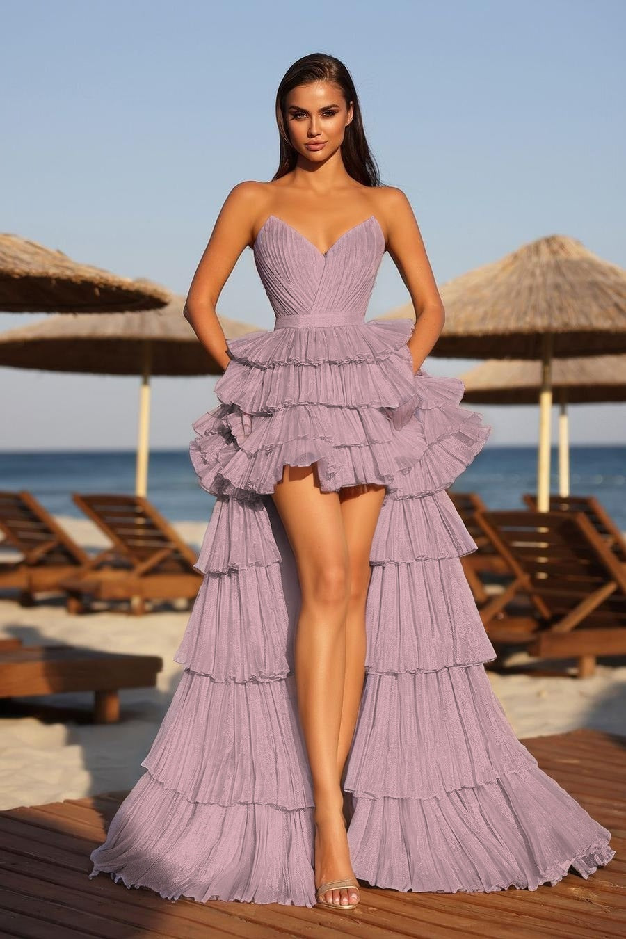 Cocoslly Strapless Sleeveless High Waist Long A Line Prom Dress With Ruffles | Champage Glod Satin YC0487