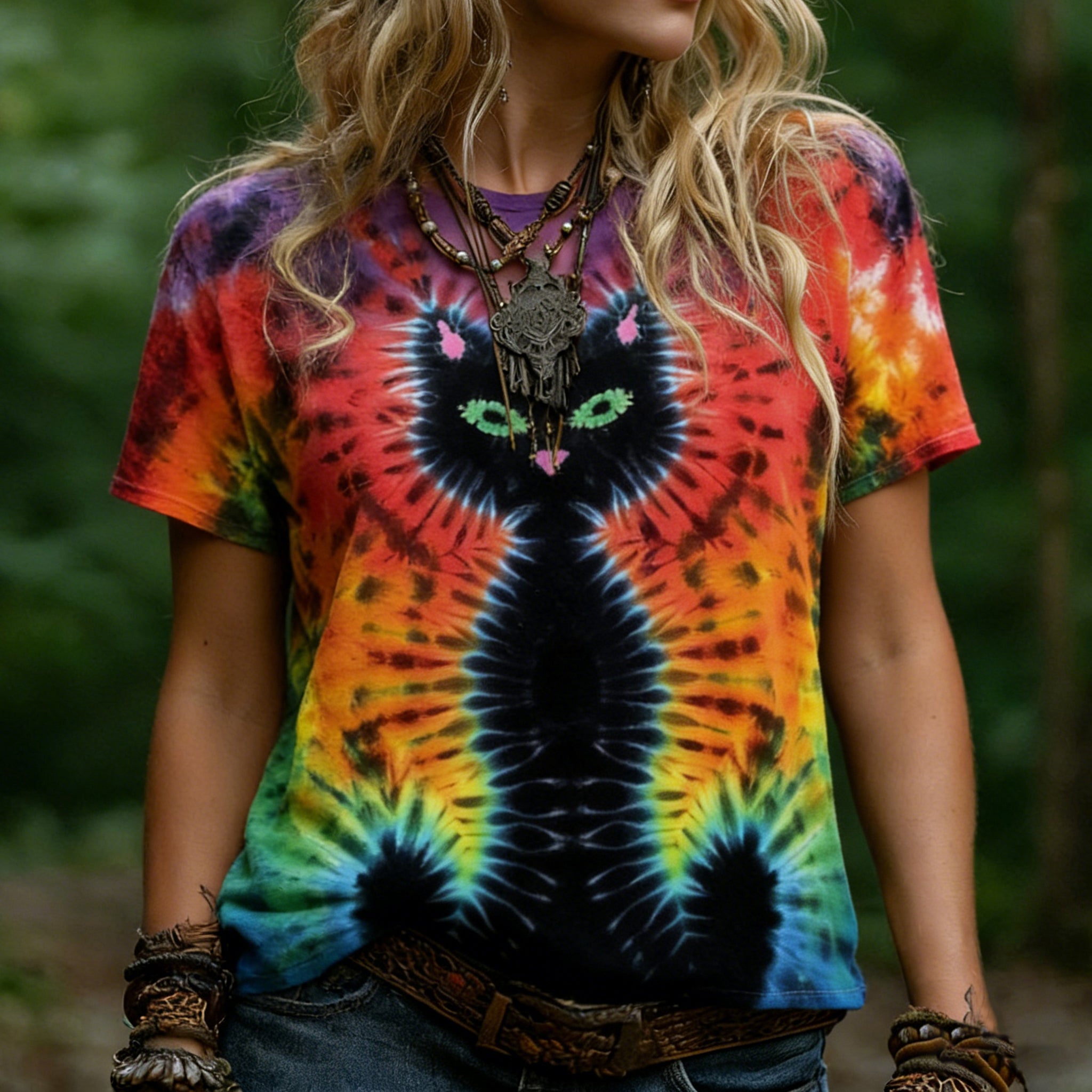 Women's Hippie Rainbow Abstract Cat Tie-dye Pattern Casual T-shirt