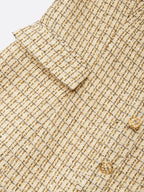 Golden Buckle Pocket Stitching Tweed Spaghetti Sleeveless Sheath Midi Dress