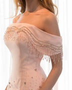 Cocoslly And Tulle Off-The-Shoulder Sleeveless High Waist Long Mermaid Prom Dress With Rhinstone | Pink Satin Pink Satin