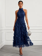 Purplish Blue 3D Floral Embroidery Classic Halter Neck Sleeveless A-Line Maxi Dress
