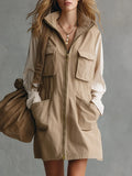 Casual Utility-style Khaki And Off-white Patchwork Long-sleeve Cotton Mini Dress