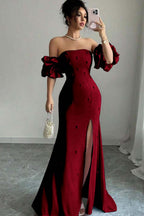 Strapless Bubble Sleeves Long Split Prom Dress With Beading WQ0027
