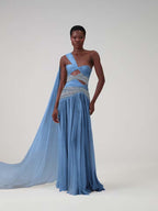 Cocoslly One Shoudler Sleeveless High Waist Long Prom Dress With Rhinstone | Ice White Chiffon YK1281