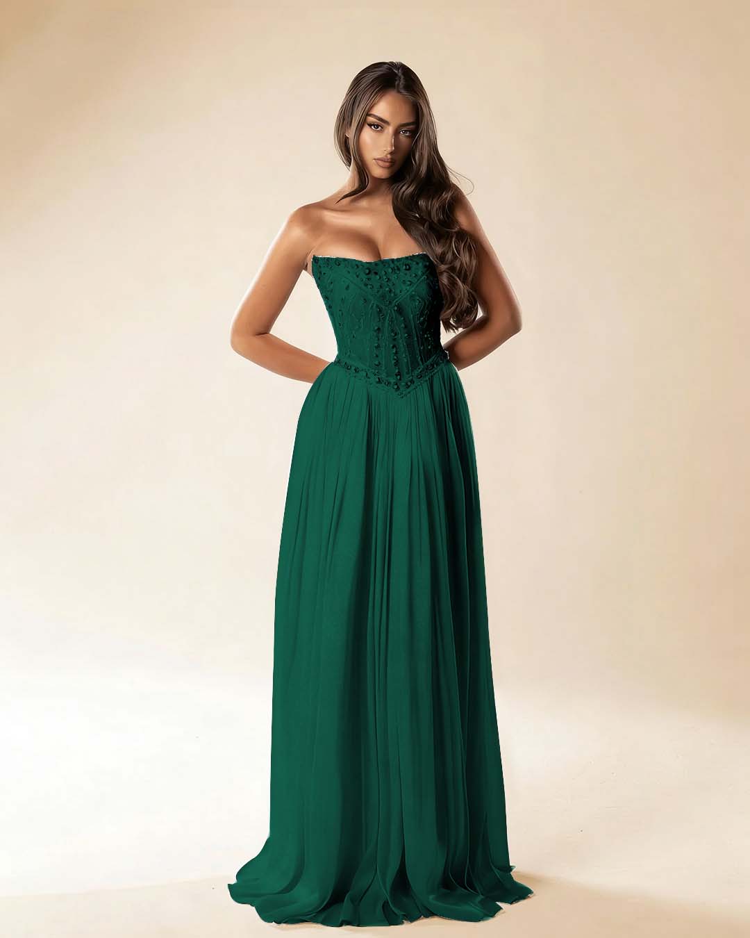 Strapless Sleeveless Long Pleated A-Line Prom Dress With Beadings And Rhinstone YK0781