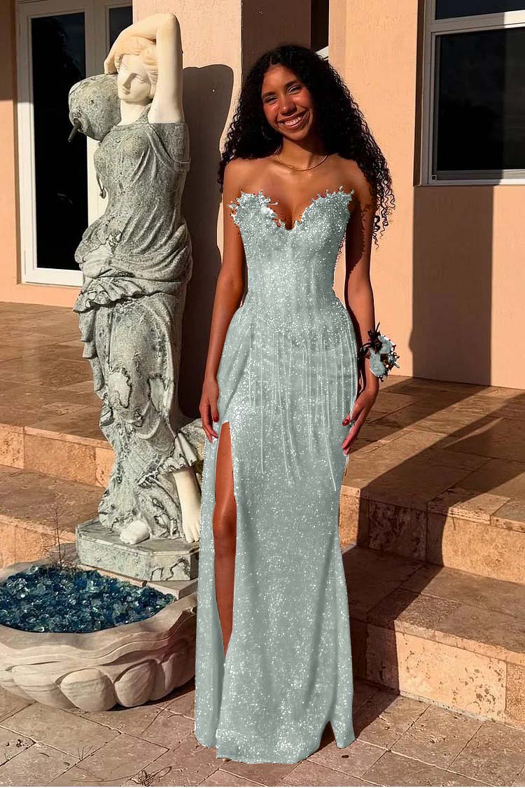 Red Strapless Sleeveless Long Mermaid Prom Dress With Sequins Split XJ0657